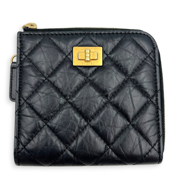 2.55 Wallet Zipped Black in Distressed Leather, Gold hardware