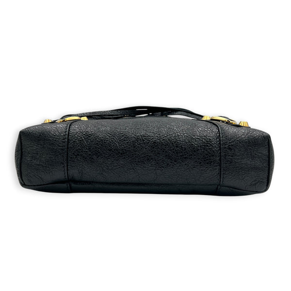 City Shoulder Bag Noir in Distressed Leather, Gold hardware