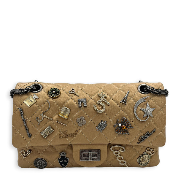 2.55 Small Beige Shoulder Bag in Calfskin, Ruthenium hardware