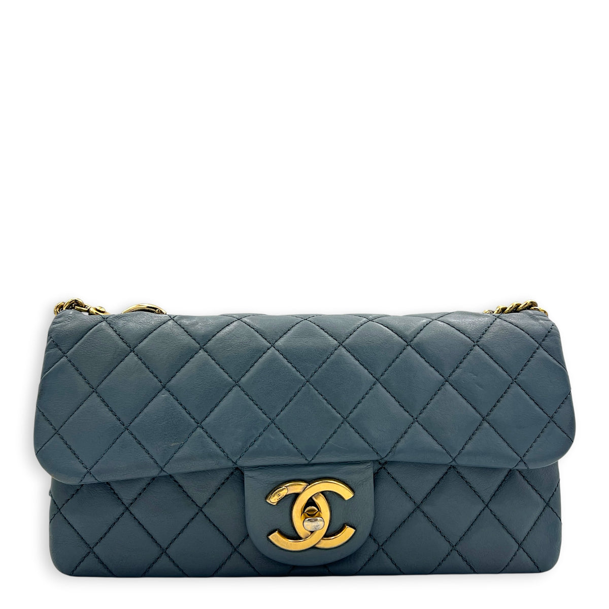 CC Crown Flap Blue Shoulder Bag in Calfskin, Gold hardware