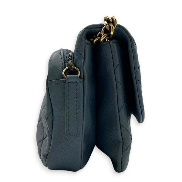 CC Crown Flap Blue Shoulder Bag in Calfskin, Gold hardware