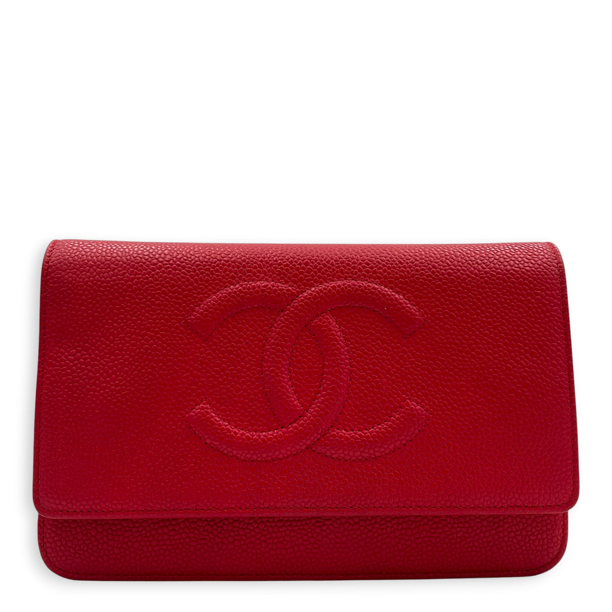 CC Red Wallet On Chain in Caviar Leather, Silver hardware