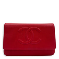 CC Red Wallet On Chain in Caviar Leather, Silver hardware