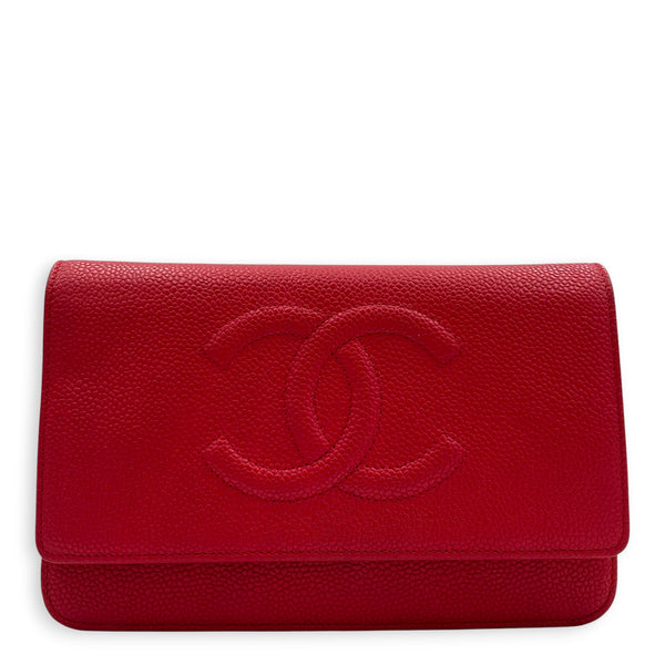 CC Red Wallet On Chain in Caviar Leather, Silver hardware