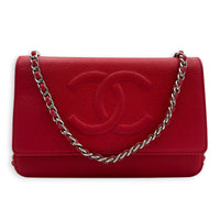 CC Red Wallet On Chain in Caviar Leather, Silver hardware