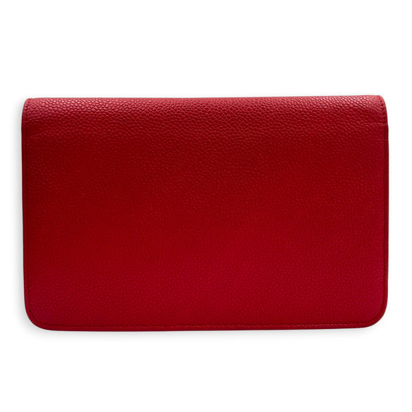 CC Red Wallet On Chain in Caviar Leather, Silver hardware