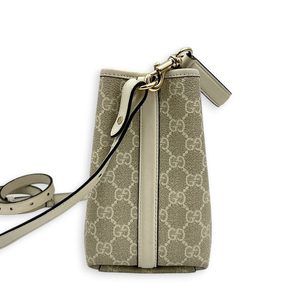 Emblem Shoulder Bag Beige in Canvas, Gold hardware