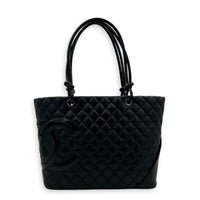 Cambon Black Tote Bag in Calfskin, Silver hardware