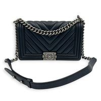 Boy Medium Black Shoulder Bag in Calfskin, Ruthenium hardware
