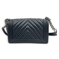 Boy Medium Black Shoulder Bag in Calfskin, Ruthenium hardware