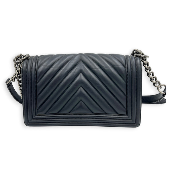 Boy Medium Black Shoulder Bag in Calfskin, Ruthenium hardware