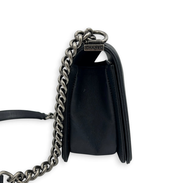 Boy Medium Black Shoulder Bag in Calfskin, Ruthenium hardware