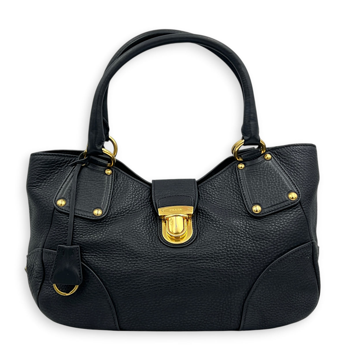 Vitello Daino Black Top Handle Bag in Calfskin, Gold hardware
