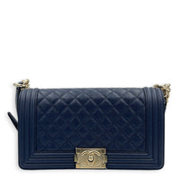 Boy Medium Blue Shoulder Bag in Caviar Leather, Gold hardware