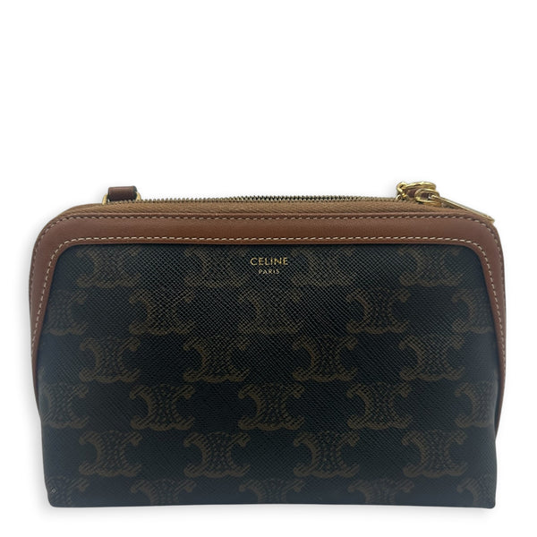 Triomphe Clutch On Chain Brown in Coated Canvas, Gold hardware