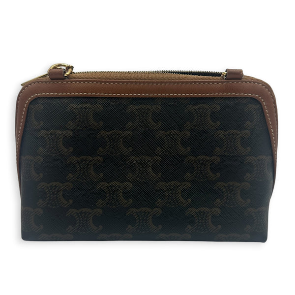 Triomphe Clutch On Chain Brown in Coated Canvas, Gold hardware