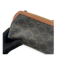 Triomphe Clutch On Chain Brown in Coated Canvas, Gold hardware