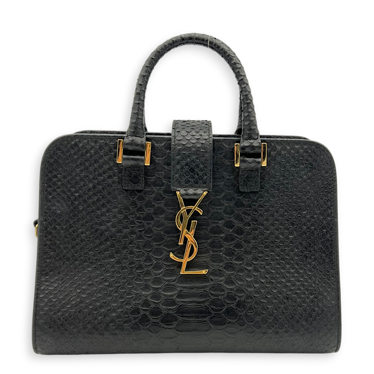 Cabas Top Handle Bag Mini Black in Python Leather, Gold hardware