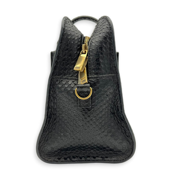 Cabas Top Handle Bag Mini Black in Python Leather, Gold hardware