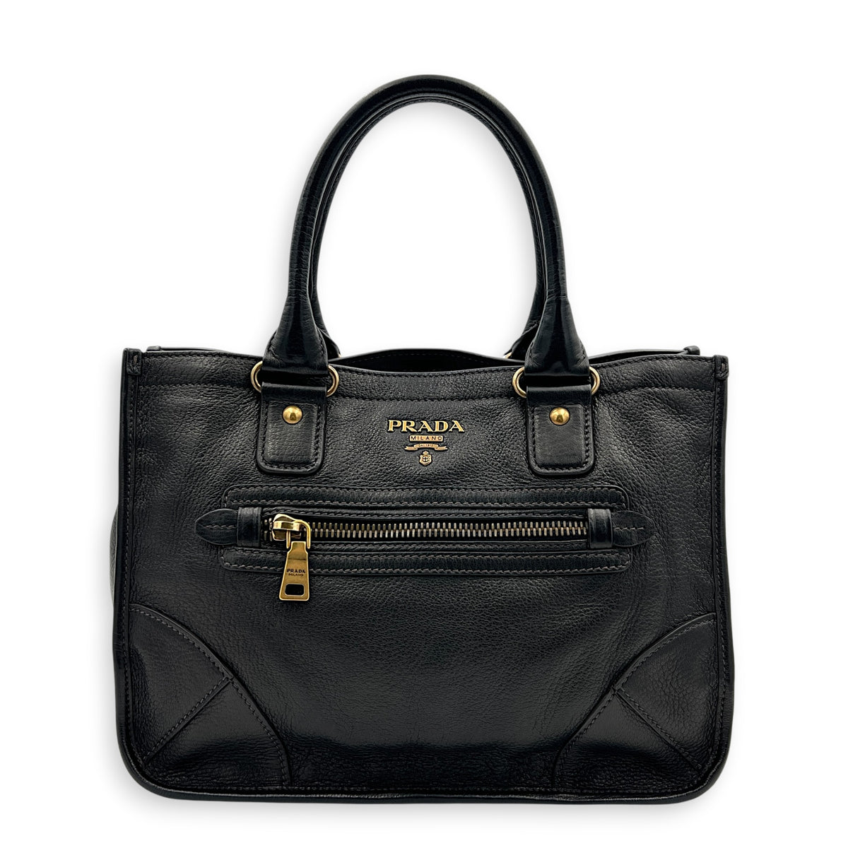 Prada tote Top Handle Bag Nero in Calfskin, Gold hardware