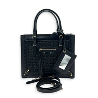 Papier Woven Black Top Handle Bag in Calfskin, Gold hardware