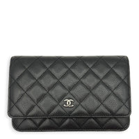 CC Black Wallet On Chain in Caviar Leather, Silver hardware