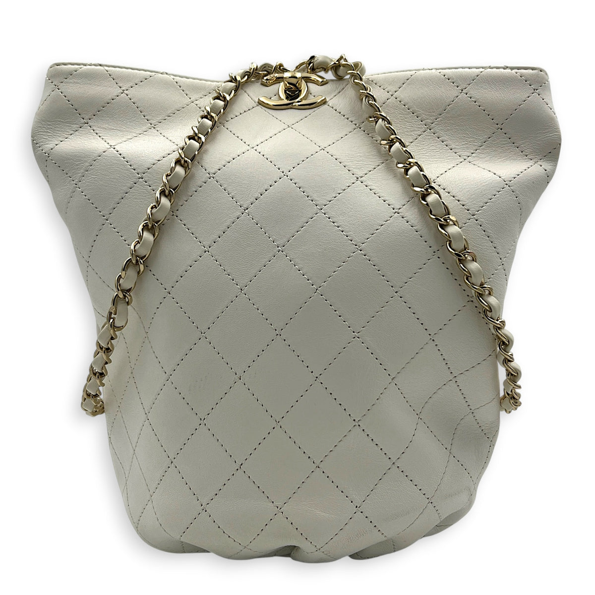 Drawstring Bucket Backpack White in Calfskin, Gold hardware