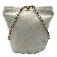 Drawstring Bucket Backpack White in Calfskin, Gold hardware