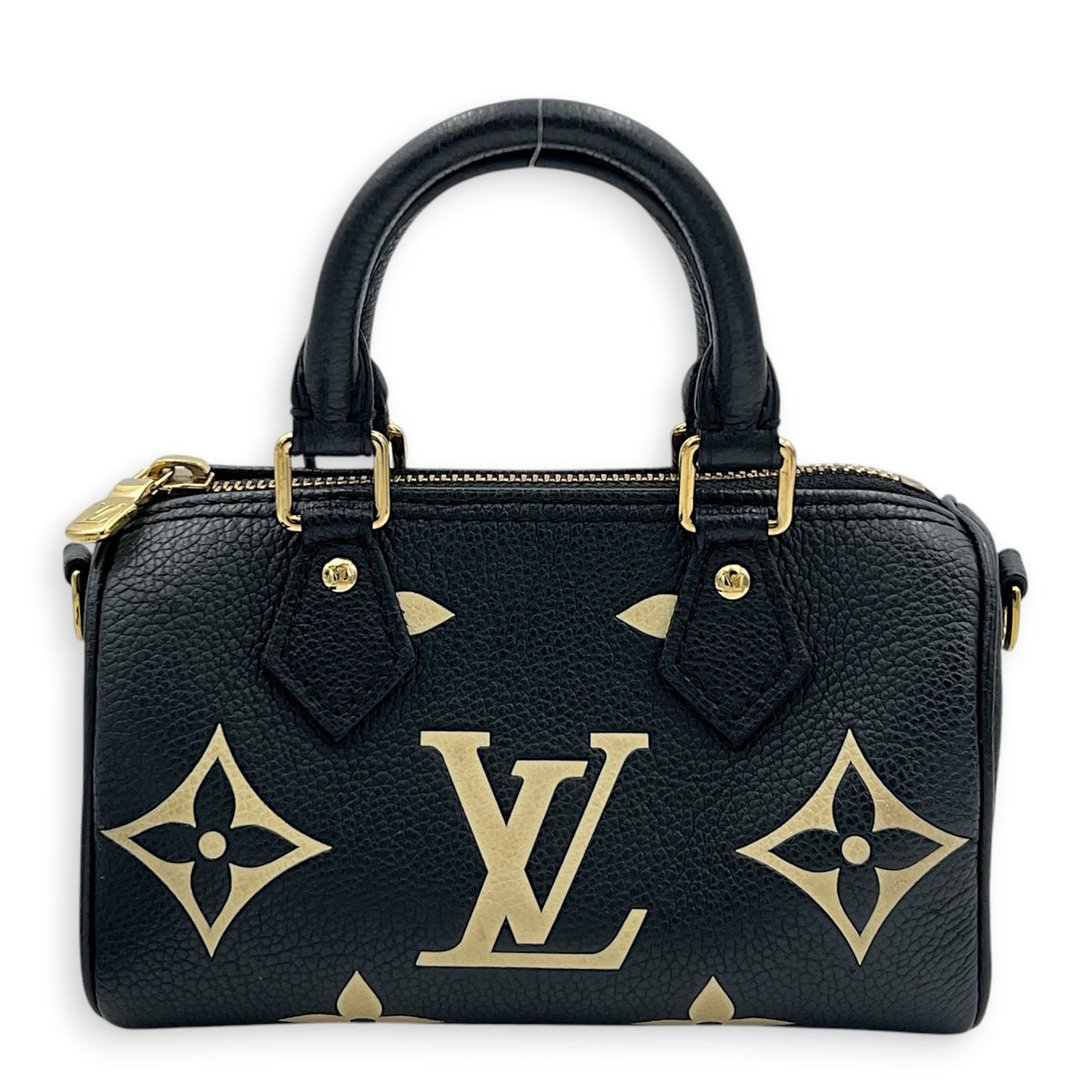 Speedy Bandouliere Top Handle Bag Nano  Bicolor Black/Beige in Monogram Empreinte Leather, Gold hardware