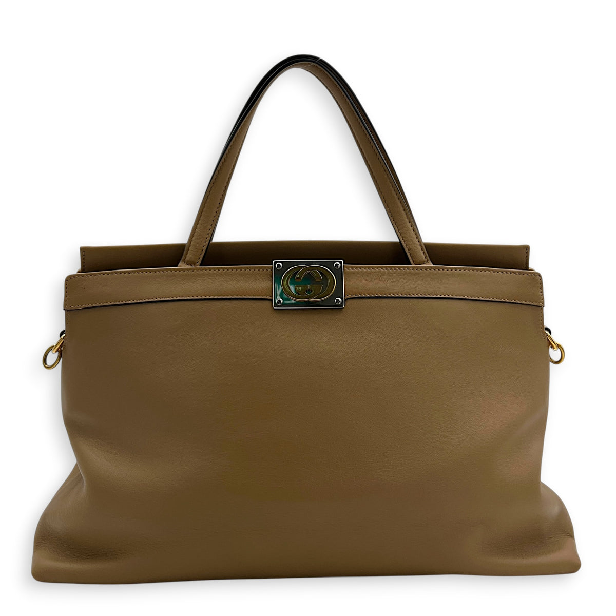 Interlocking G Beige Top Handle Bag in Calfskin, Gold hardware