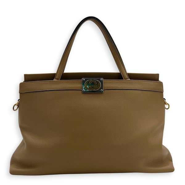 Interlocking G Beige Top Handle Bag in Calfskin, Gold hardware