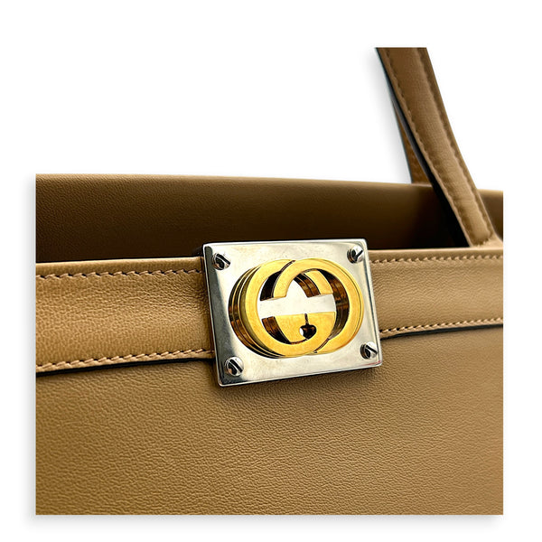Interlocking G Beige Top Handle Bag in Calfskin, Gold hardware