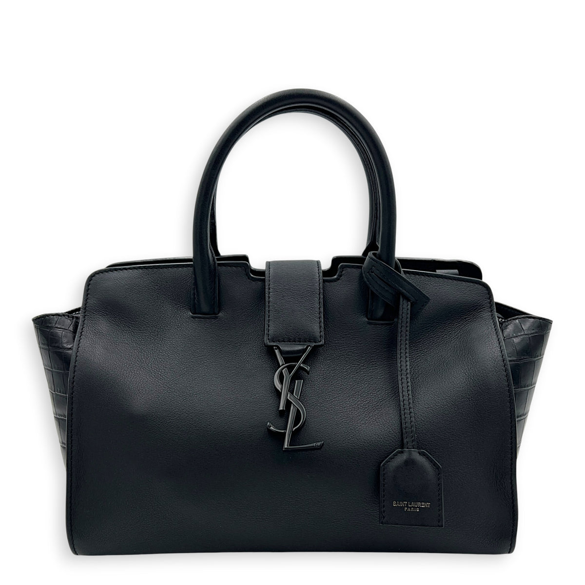 Cabas Top Handle Bag Black in Crocodile Embossed Calfskin, Silver hardware