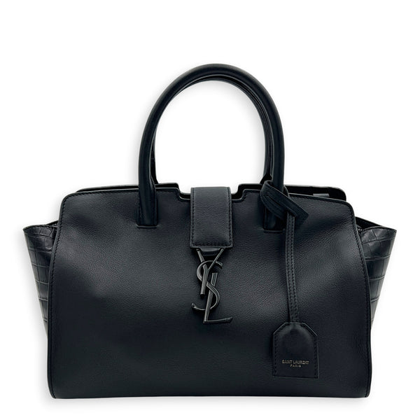 Cabas Top Handle Bag Black in Crocodile Embossed Calfskin, Silver hardware