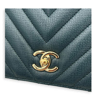 Chevron Statement Flap Shoulder Bag Metallic Blue in Caviar Leather, Gold hardware