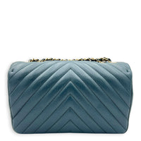 Chevron Statement Flap Shoulder Bag Metallic Blue in Caviar Leather, Gold hardware