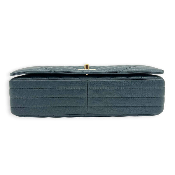 Chevron Statement Flap Shoulder Bag Metallic Blue in Caviar Leather, Gold hardware