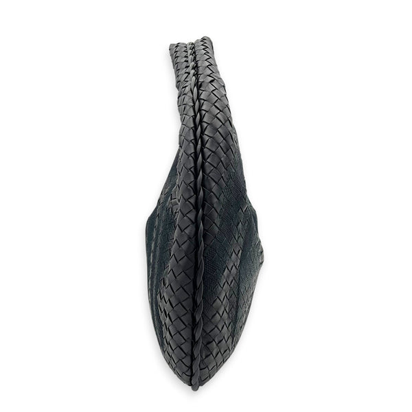 Intrecciato Hobo Black Shoulder Bag in Nappa Leather, Gunmetal hardware
