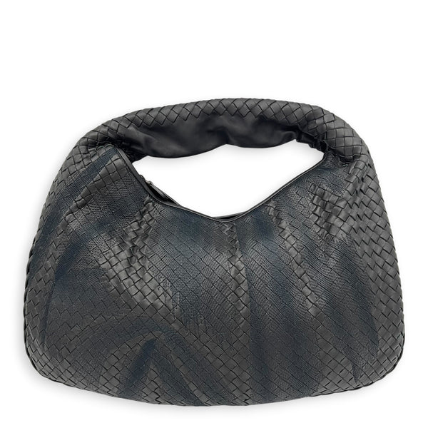 Intrecciato Hobo Black Shoulder Bag in Nappa Leather, Gunmetal hardware