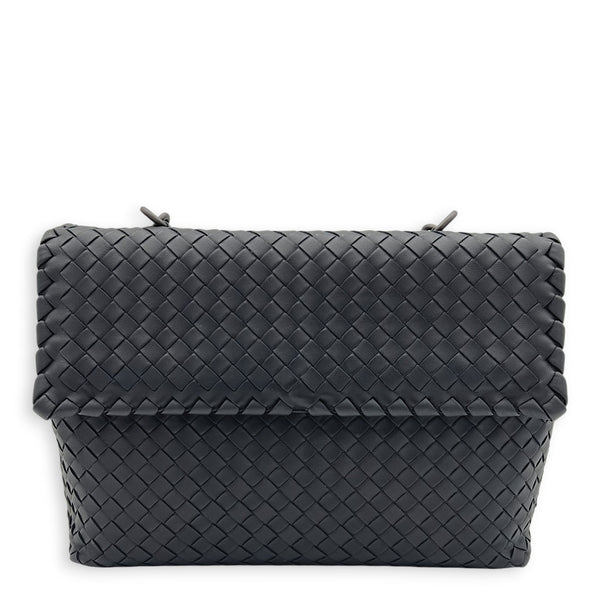 Intrecciato Black Shoulder Bag in Nappa Leather, Silver hardware