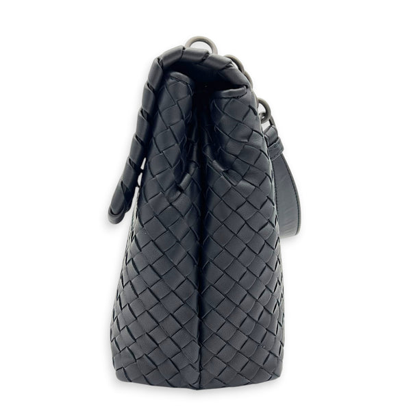 Intrecciato Black Shoulder Bag in Nappa Leather, Silver hardware
