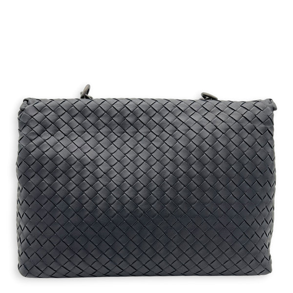 Intrecciato Black Shoulder Bag in Nappa Leather, Silver hardware