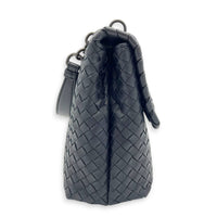 Intrecciato Black Shoulder Bag in Nappa Leather, Silver hardware
