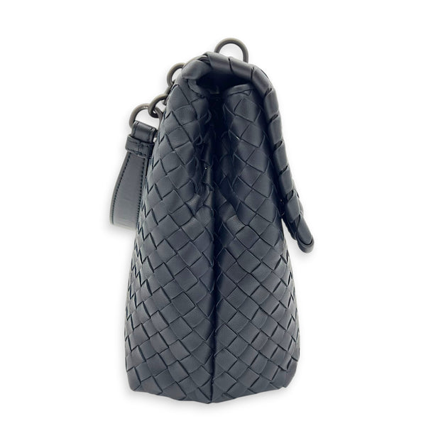 Intrecciato Black Shoulder Bag in Nappa Leather, Silver hardware