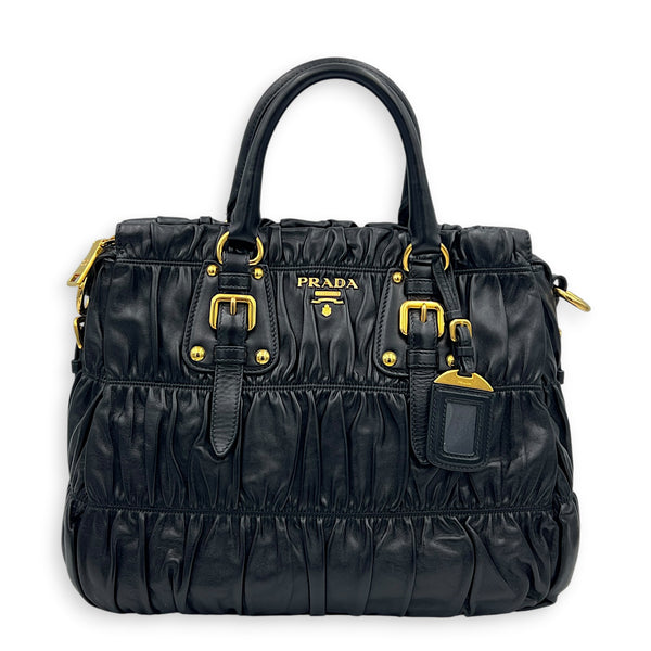 Gaufre Top Handle Bag Nero in Nappa Leather, Gold hardware