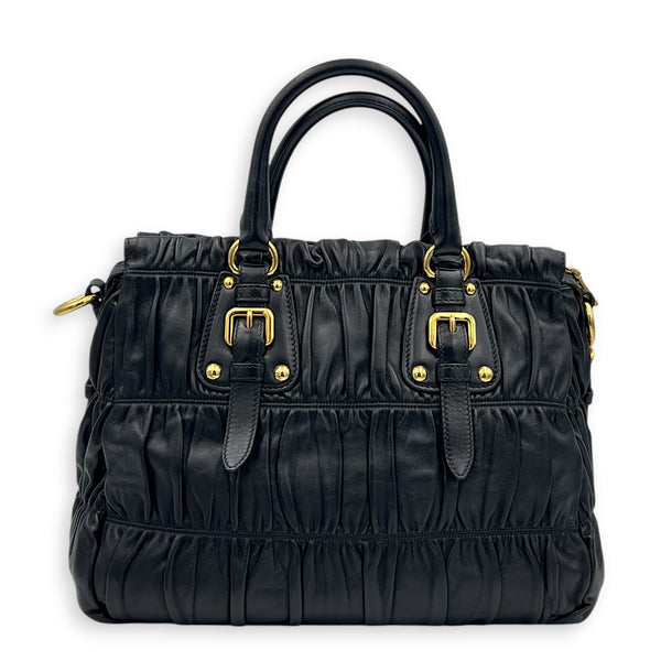 Gaufre Top Handle Bag Nero in Nappa Leather, Gold hardware