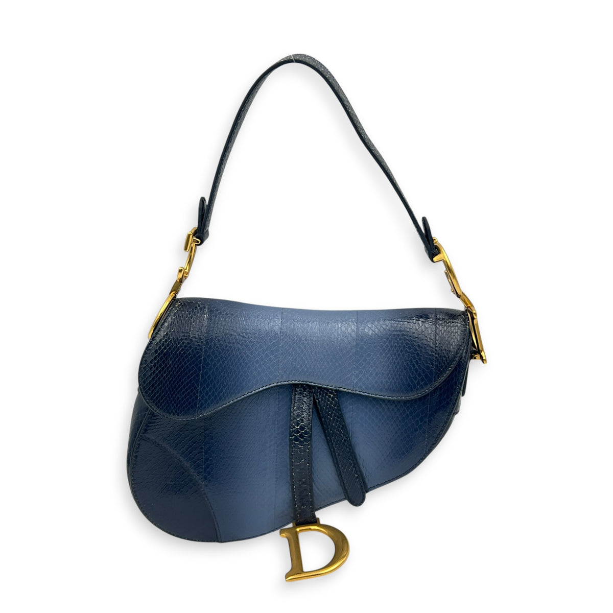 Saddle Shoulder Bag Medium Blue in Python Leather, Gold hardware