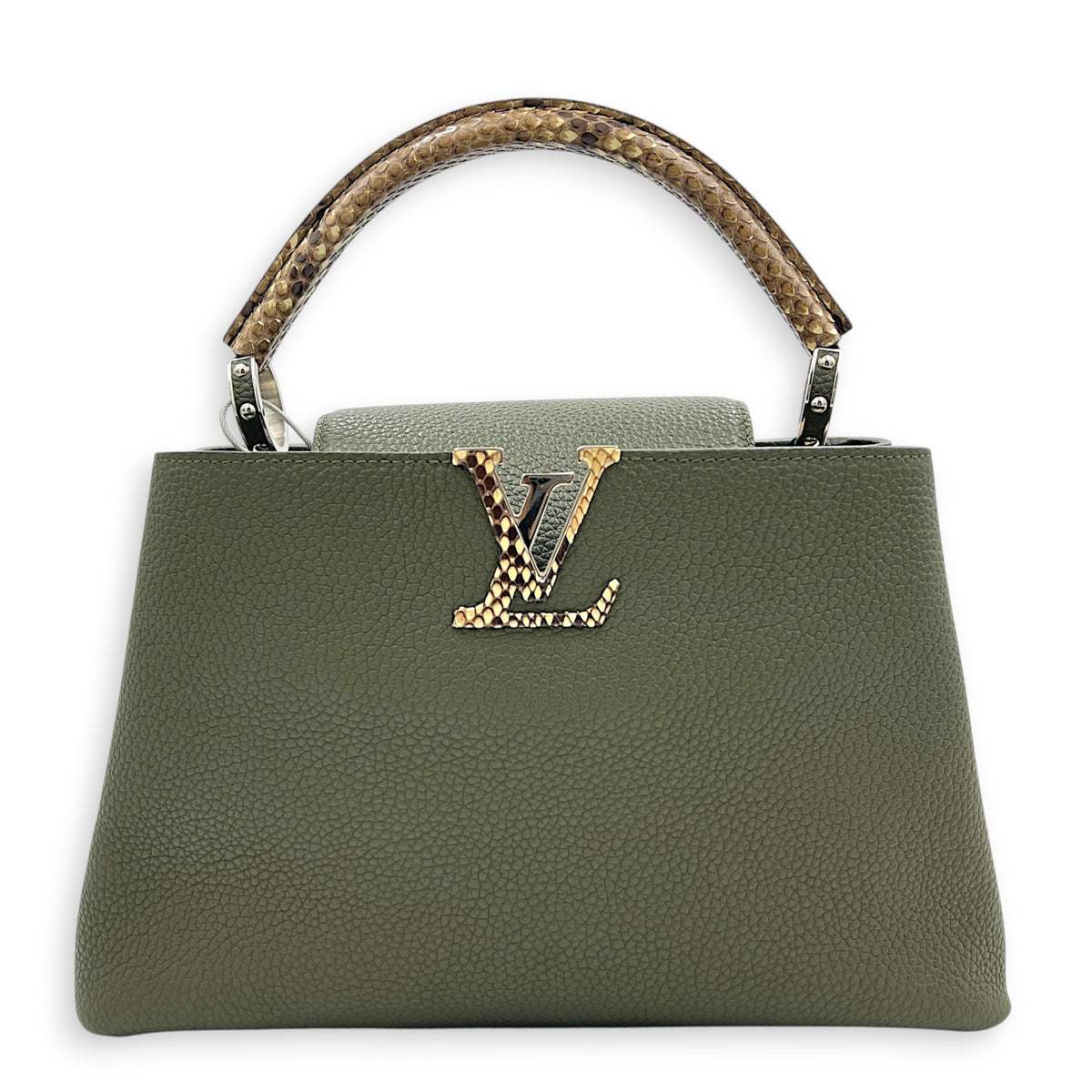 Capucines Top Handle Bag Green in Taurillon Leather, Silver hardware