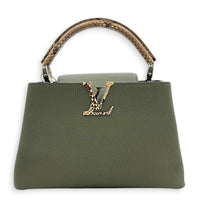 Capucines Top Handle Bag Green in Taurillon Leather, Silver hardware