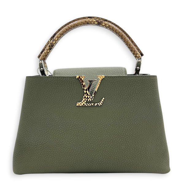 Capucines Top Handle Bag Green in Taurillon Leather, Silver hardware